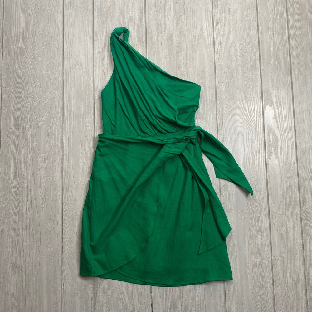 Here Comes The Sun Women's Kelly Green Linen One Shoulder Mini Dress Size XS NEW